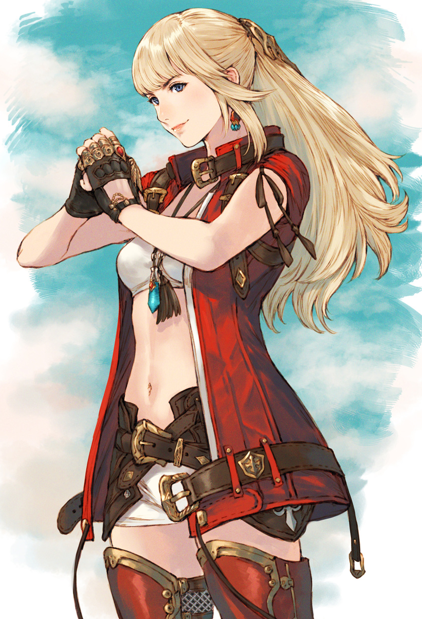 1girl, bandeau, belt, blonde_hair, blue_eyes, blue_sky, boots, cowboy_shot