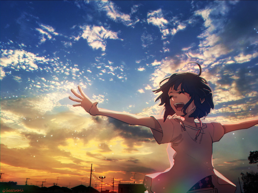 1girl, bangs, black_hair, boku_no_hero_academia, closed_eyes, clouds, earplugs, happy