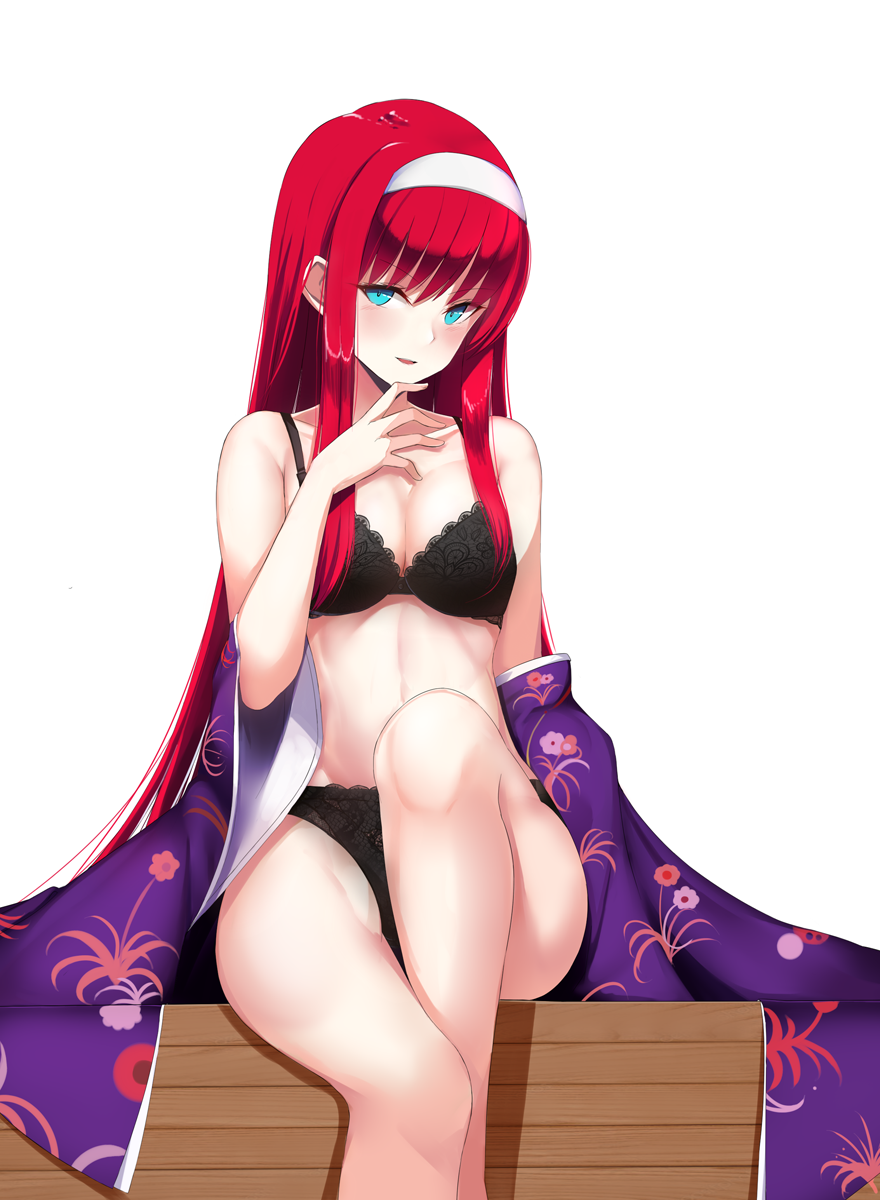 1girl, aqua_eyes, bare_legs, bare_shoulders, black_bra, black_panties, bra, commentary_request