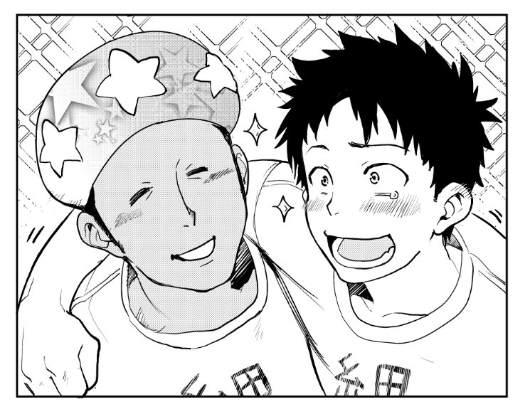 2boys, arm_around_shoulder, blush, closed_eyes, common_cell_(hataraku_saibou), dark_skin, dark_skinned_male, greyscale, hataraku_saibou, male_focus, monochrome, multiple_boys, saitoukuniko-3, screentones, shirt, smile, sparkle, star, star_print, t-shirt, upper_body