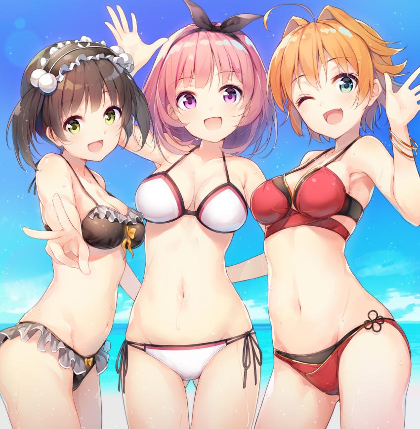 3girls, :d, ;d, ahoge, aqua_eyes, arm_up, armpits, ass_visible_through_thighs