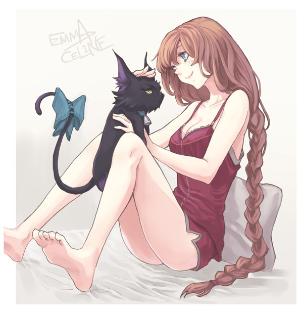 1girl, bare_legs, bare_shoulders, barefoot, bed_sheet, bell, bell_collar, blue_eyes