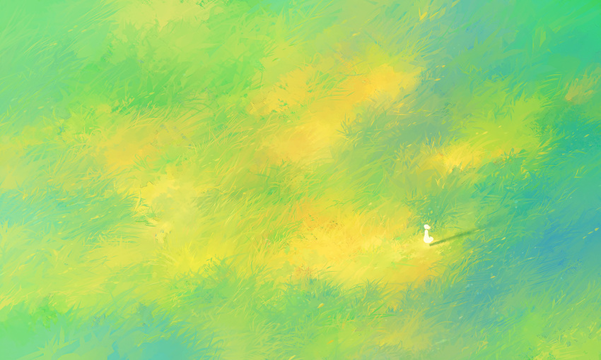 1girl, arm_at_side, commentary, distant, dress, faceless, field, from_above