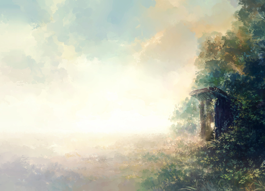 1girl, ahoge, bangs, black_kimono, blonde_hair, blue_sky, bus_stop, bush