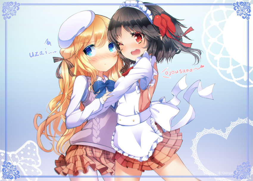 black_hair, blonde_hair, blush, hug, kugayama_arisu, lily_lyric_cycle, long_hair, maid