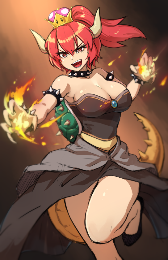 1girl, :d, bare_shoulders, bowser, bracelet, breasts, brooch, burning_hand