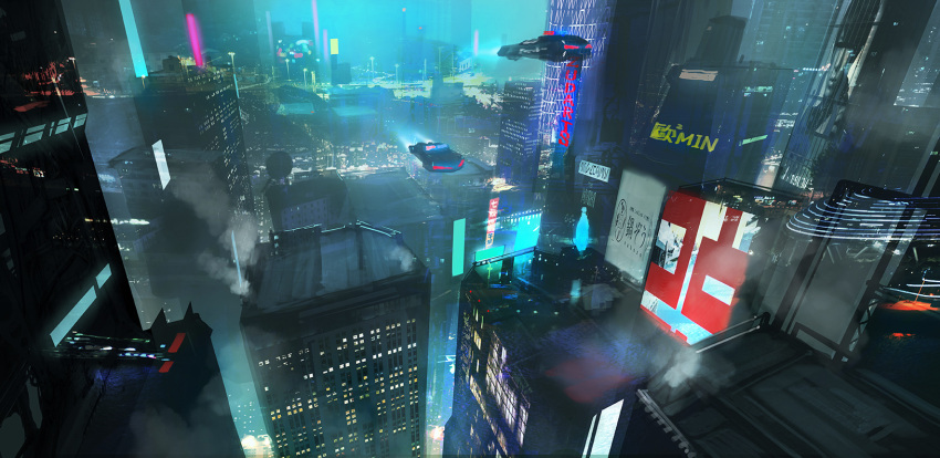 blurry, building, car, city, city_lights, cityscape, cyberpunk, dark, depth_of_field, fantasy, ground_vehicle, highres, motor_vehicle, neon_lights, night, no_humans, original, police_car, scenery, science_fiction, sign, skyscraper, zudarts_lee