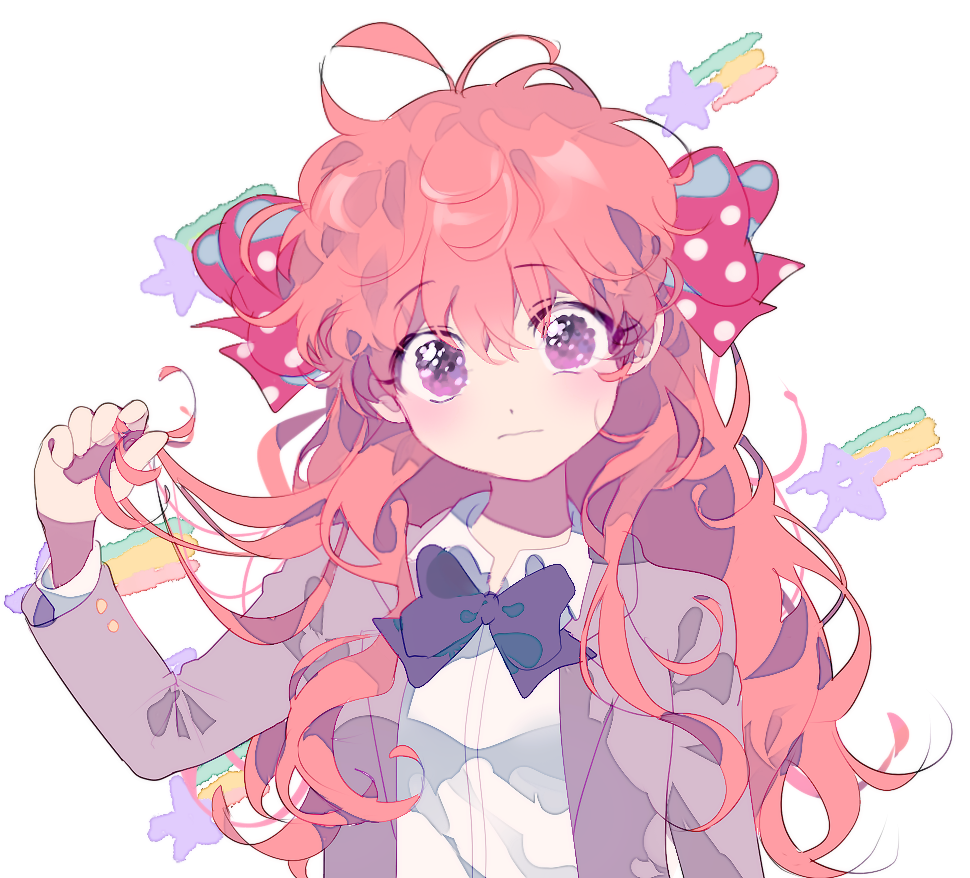 1girl, antenna_hair, bangs, blazer, blush, bow, bowtie, commentary_request, eyebrows_visible_through_hair, gekkan_shoujo_nozaki-kun, hair_between_eyes, hair_bow, holding, holding_hair, inhye, jacket, long_hair, looking_at_viewer, messy_hair, orange_hair, polka_dot, polka_dot_bow, rouman_academy_uniform, sakura_chiyo, school_uniform, simple_background, solo, star, upper_body, violet_eyes, wavy_mouth, white_background