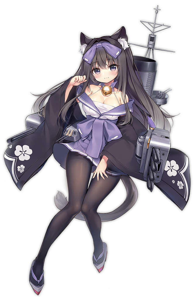 1girl, :3, animal_ears, arashio_(azur_lane), azur_lane, bell, black_hair, black_legwear