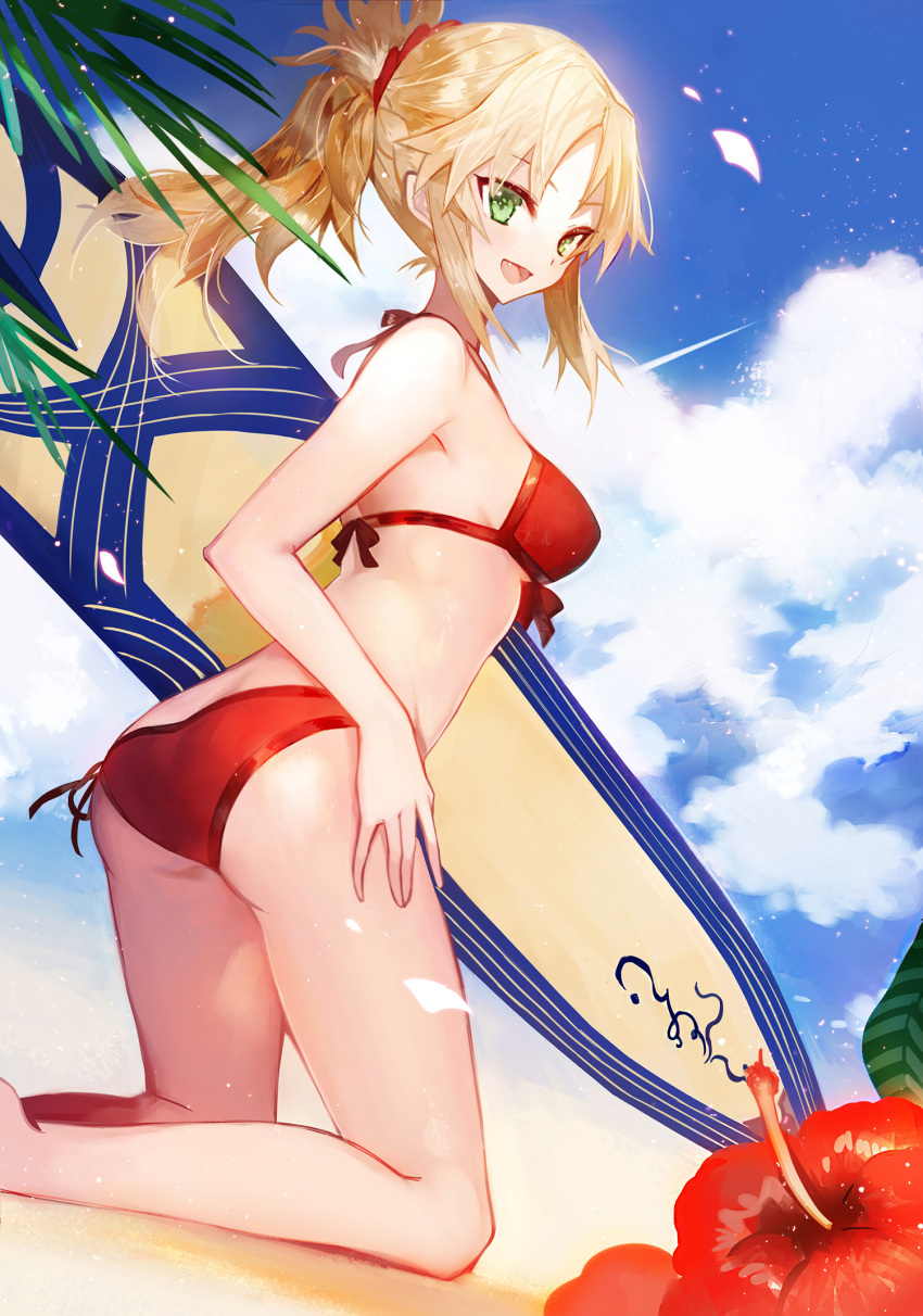 1girl, :d, ass, bangs, bare_arms, bare_legs, bare_shoulders, beach