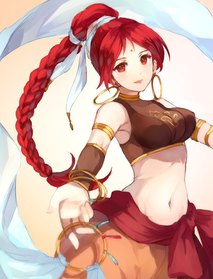 1girl, bangs, bare_shoulders, braid, breasts, brown_background, brown_pants, closed_mouth