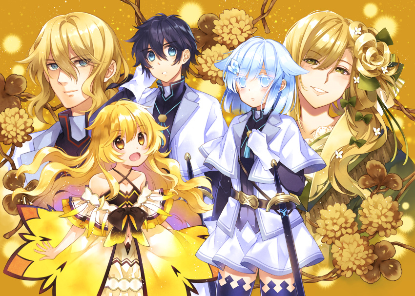 2boys, 3girls, :o, bare_shoulders, belt, blonde_hair, blong_hair, blue_eyes