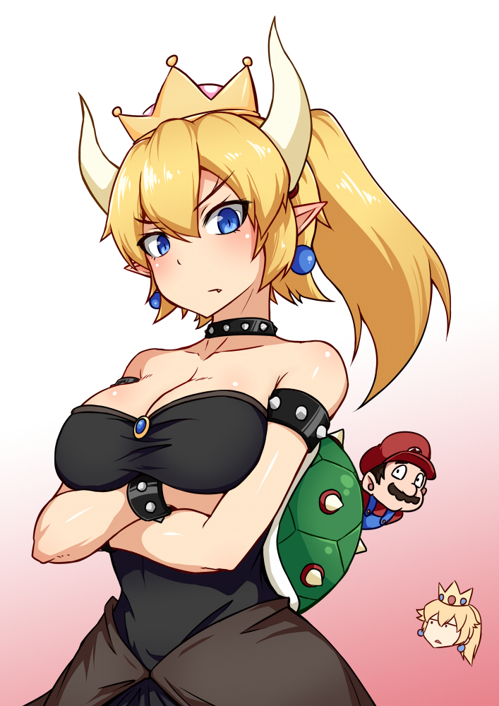 >:/, 1boy, 2girls, armlet, bare_shoulders, black_dress, blonde_hair, blue_eyes