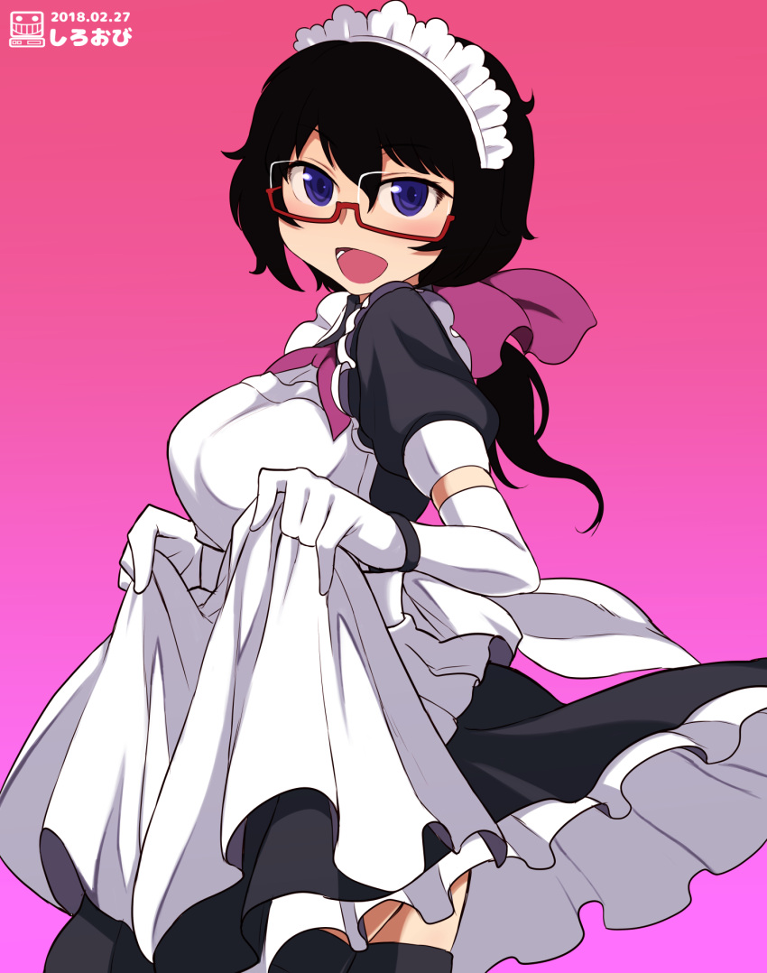 1girl, :d, alternate_costume, apron, artist_name, black_dress, black_eyes, black_hair