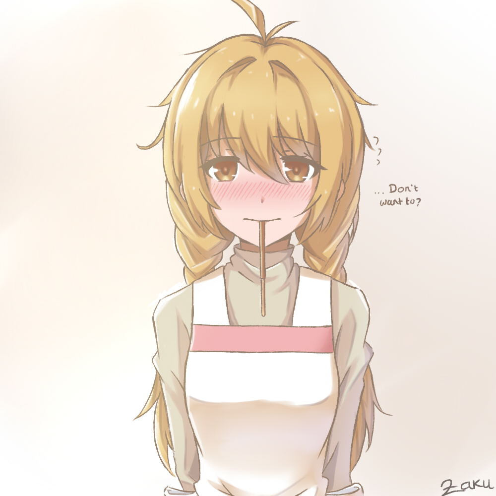 100_percent_orange_juice, 1girl, antenna_hair, apron, artist_name, blush, braid, brown_eyes