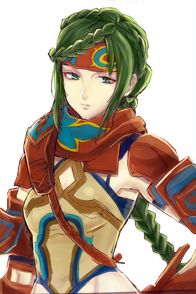 1girl, anne_petriceani, armpits, braid, closed_mouth, commentary_request, crown_braid, green_hair