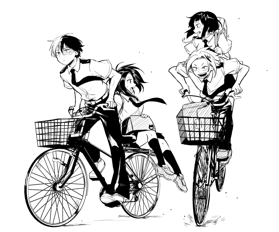 2boys, 2girls, :d, :o, bicycle, bicycle_basket, black_legwear, black_pants, boku_no_hero_academia, burn_scar, greyscale, ground_vehicle, jirou_kyouka, kaminari_denki, karasumi_(aiseec), kneehighs, long_hair, looking_at_another, monochrome, multiple_boys, multiple_girls, multiple_riders, necktie, open_mouth, pants, riding, scar, school_uniform, shoes, short_hair, sitting, skirt, smile, todoroki_shouto, u.a._school_uniform, yaoyorozu_momo