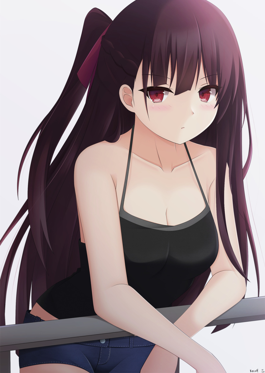 1girl, alternate_costume, bangs, bare_shoulders, black_singlet, blue_shorts, blush, braid, breasts, casual, cleavage, closed_mouth, collarbone, denim, denim_shorts, eyebrows_visible_through_hair, french_braid, girls_frontline, grey_background, hair_ribbon, highres, keenh, large_breasts, leaning_on_rail, long_hair, looking_at_viewer, one_side_up, purple_hair, red_eyes, red_ribbon, ribbon, short_shorts, shorts, signature, simple_background, singlet, solo, tsurime, very_long_hair, wa2000_(girls_frontline)