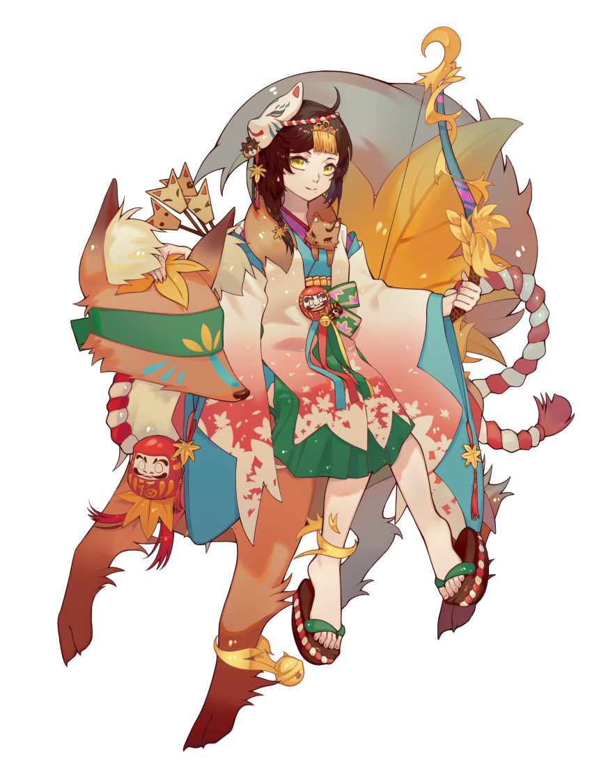 1girl, absurdres, ahoge, animal_ear_fluff, arrow, bell, blindfold, bow_(weapon), braid, brown_hair, daruma_doll, green_skirt, highres, japanese_clothes, jingle_bell, limao_jun, mask, miketsu_(onmyoji), miko, onmyoji, quiver, sandals, skirt, solo, standing, weapon, white_background, wide_sleeves, yellow_eyes