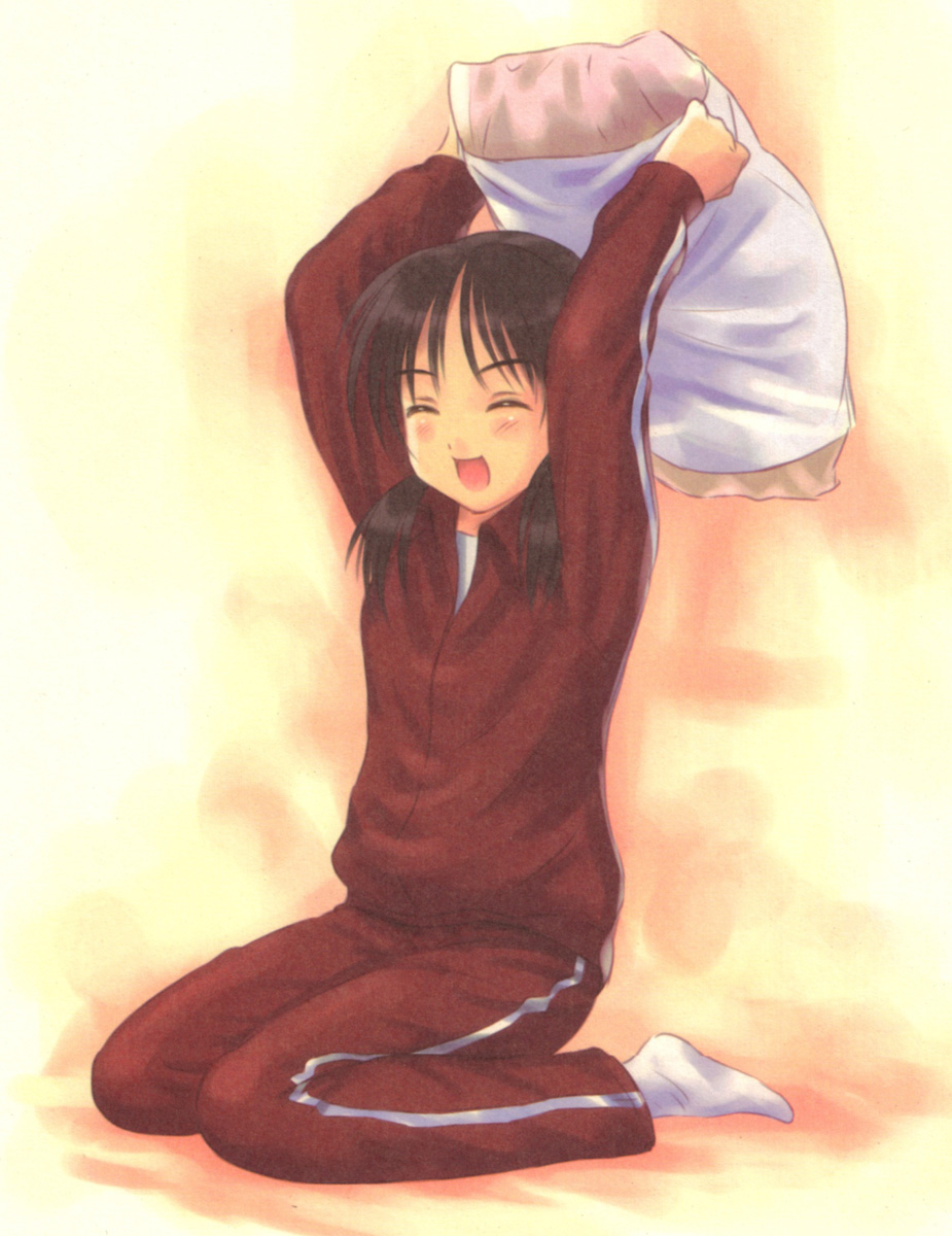 black_hair, blush, closed_eyes, goto_p, highres, nagomi_hiyori, pigtails, pillow, pillow_fight, pillows, short_twintails, socks, track_suit, twintails