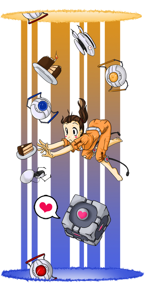 cake, chell, cube, falling, food, glados, heart, jesse_mcgibney