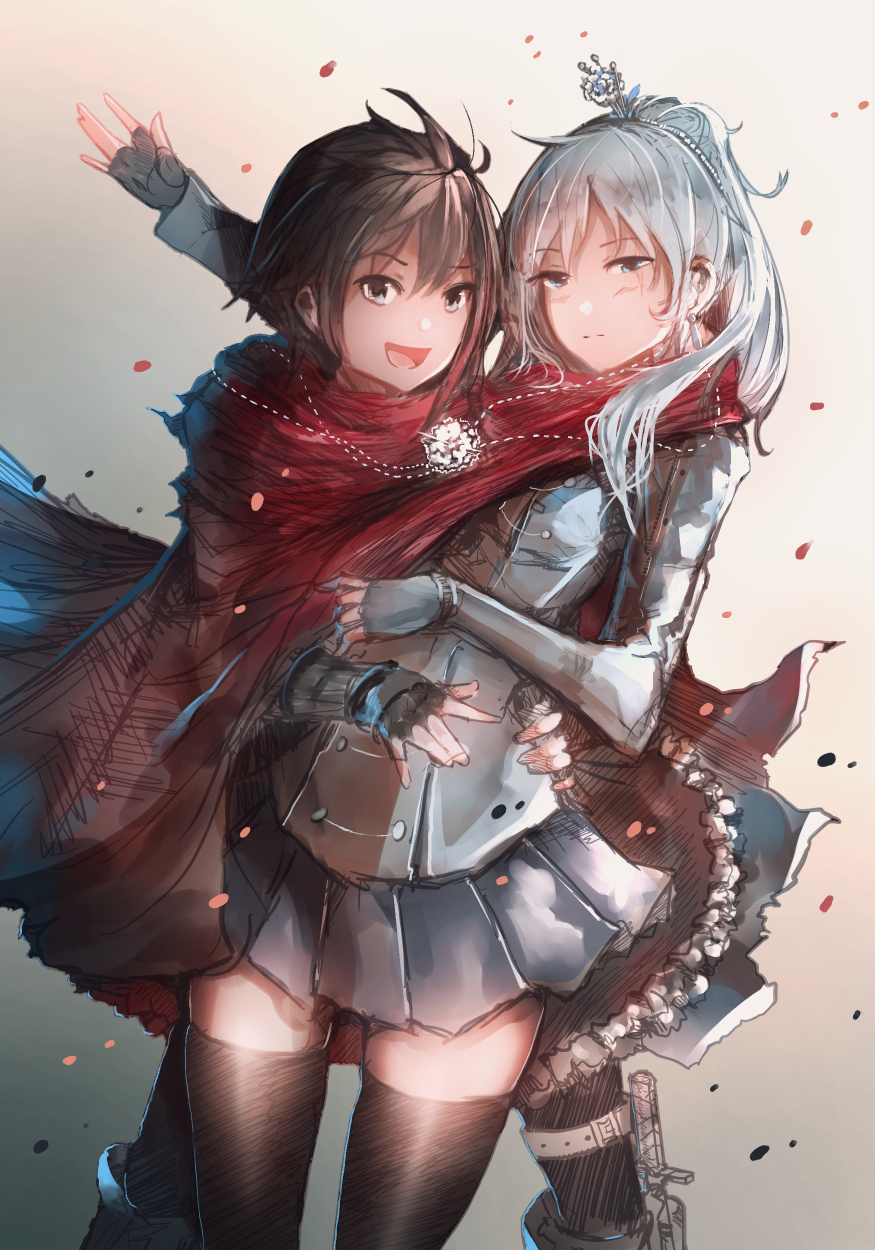 2girls, alternate_costume, anonamos, cape, fingerless_gloves, gloves, hand_holding, hat