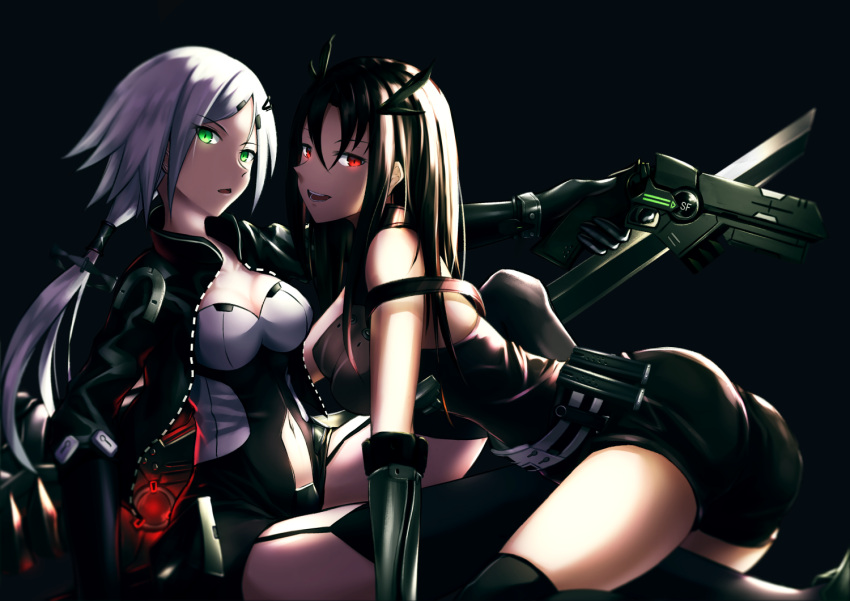 2girls, black_hair, breasts, cleavage, executioner_(girls_frontline), girls_frontline, glowing, glowing_eyes