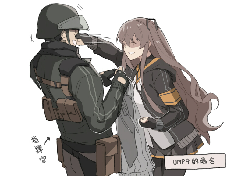 1boy, 1girl, a821, breast_envy, closed_eyes, commander_(girls_frontline), fingerless_gloves, girls_frontline