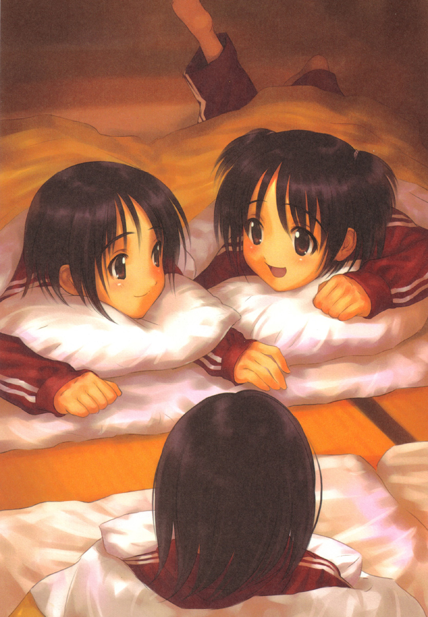 barefoot, black_hair, brown_eyes, goto_p, highres, multiple_girls, nagomi_hiyori, pillow, pillows, short_hair, track_suit