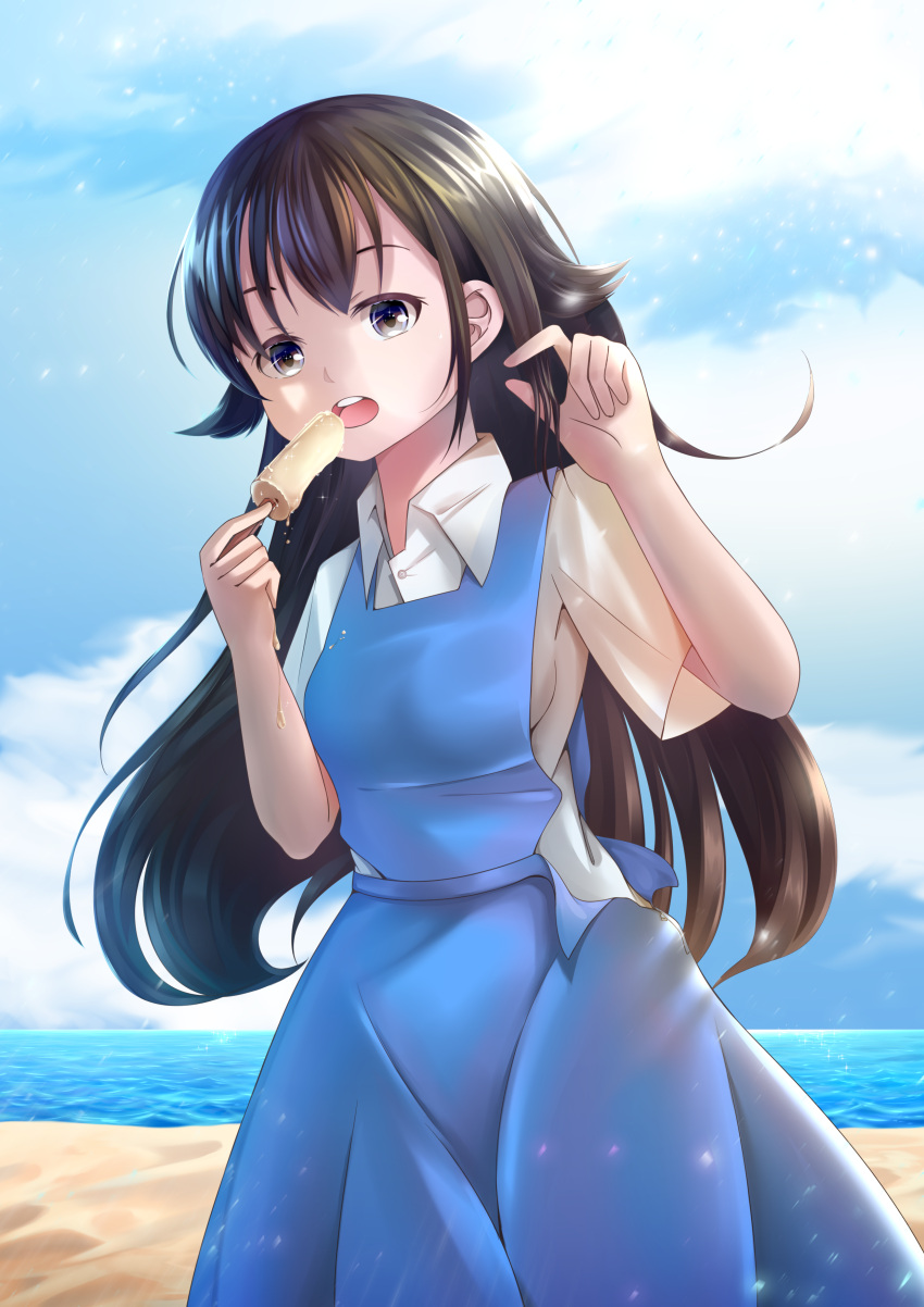 1girl, absurdres, beach, black_eyes, black_hair, blue_skirt, blue_sky, clouds, day, eating, food, hand_up, highres, long_hair, looking_at_viewer, meng_jiang, ocean, open_mouth, original, outdoors, popsicle, school_uniform, short_sleeves, skirt, sky, solo, standing, uniform, very_long_hair