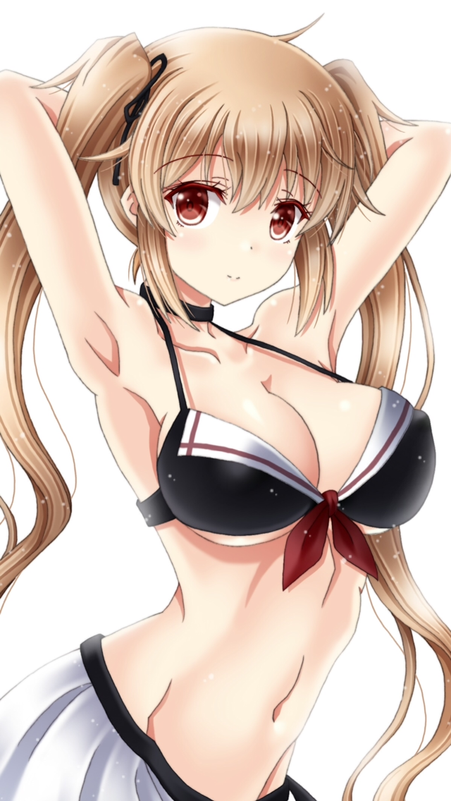 1girl, ahoge, alternate_costume, amou_yuu, armpits, arms_behind_head, bangs, bikini