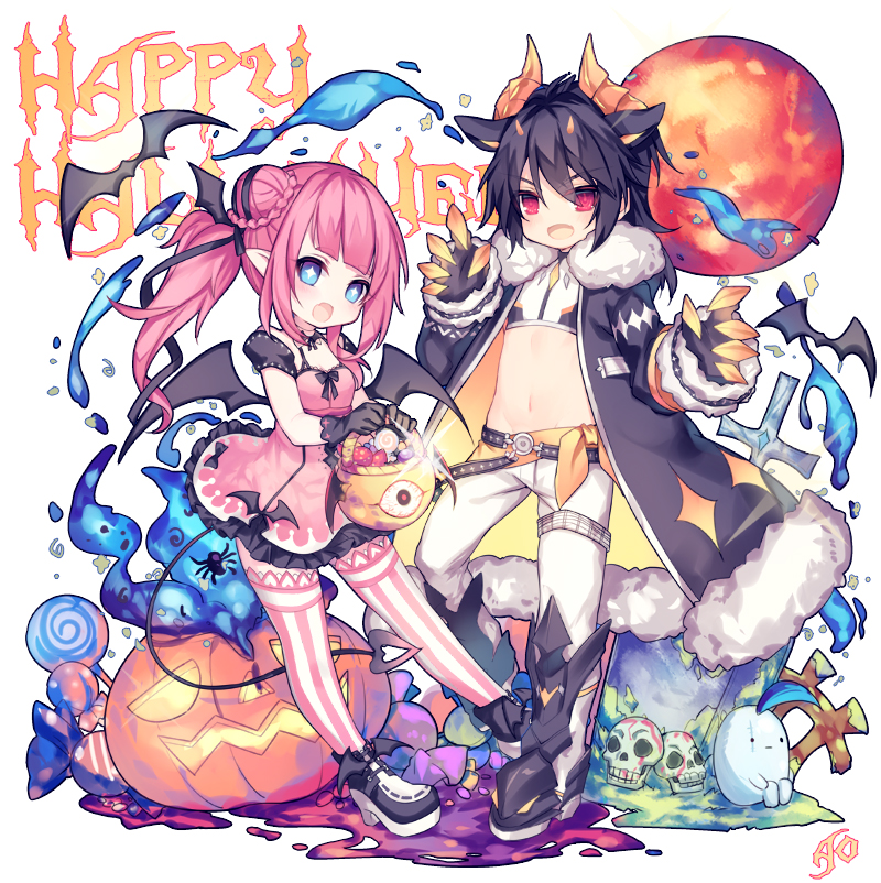 1boy, 1girl, bat, candy, chilling_hedgehog_(elsword), claws, cloak, dress