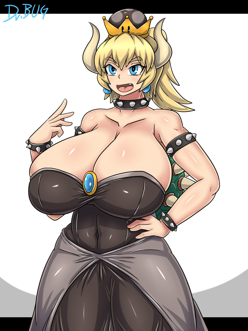 black_dress, blonde_hair, blue_eyes, bowser, bracelet, breasts, cleavage, collar