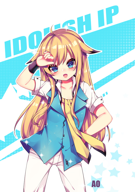 1boy, blonde_hair, blue_eyes, blue_shirt, chung_seiker, collarbone, elsword, idol, iron_paladin_(elsword), long_hair, pants, shirt, short_sleeves, smile, sparkle, star, trap, utm, white_pants