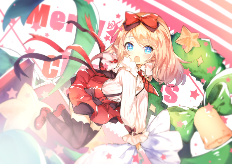 1girl, bell, blush, christmas, demon_girl, elsword, eyebrows_visible_through_hair, fluffy_collar, hair_ribbon, long_sleeves, luciela_r._sourcream, ribbon, short_hair, star, star-shaped_pupils, symbol-shaped_pupils, utm
