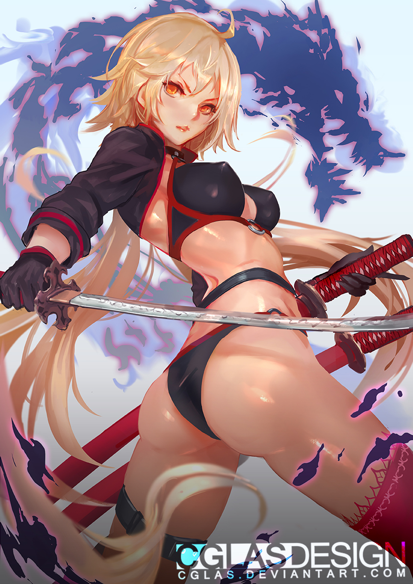 1girl, artist_name, ass, black_gloves, blonde_hair, breasts, cglas, erect_nipples