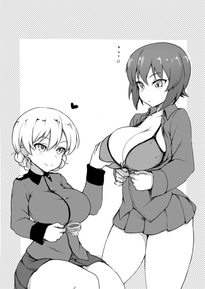 ..., 2girls, absurdres, bangs, blouse, blush, bomber_jacket, breast_grab