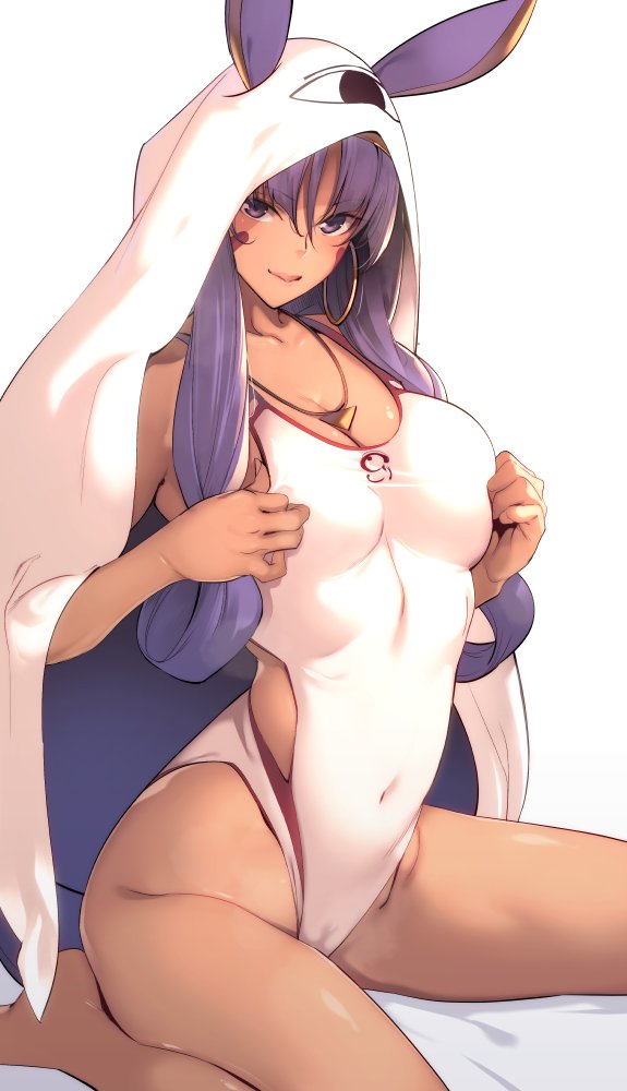 1girl, animal_ears, bangs, bare_shoulders, blanket, blush, breasts, cleavage