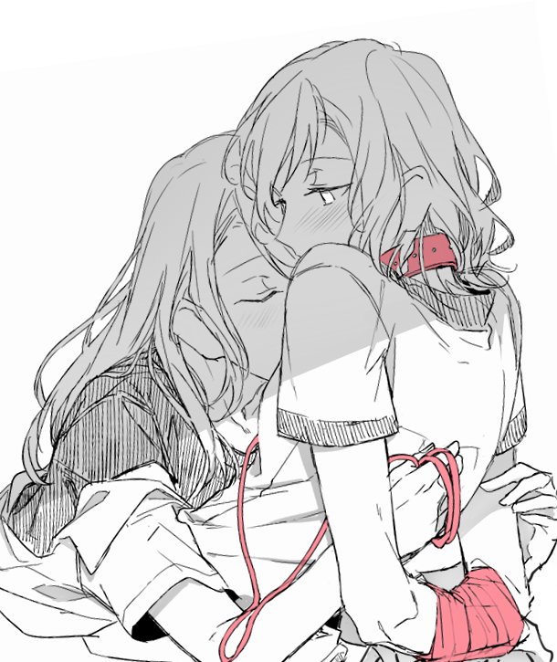 2girls, arms_behind_back, bang_dream!, bdsm, blush, bondage, bound, closed_eyes, commentary, dog_collar, hatyo017, hikawa_hina, hikawa_sayo, incest, korean_commentary, leash, limited_palette, long_hair, multiple_girls, restrained, short_hair, sisters, sketch, spot_color, white_background, yuri