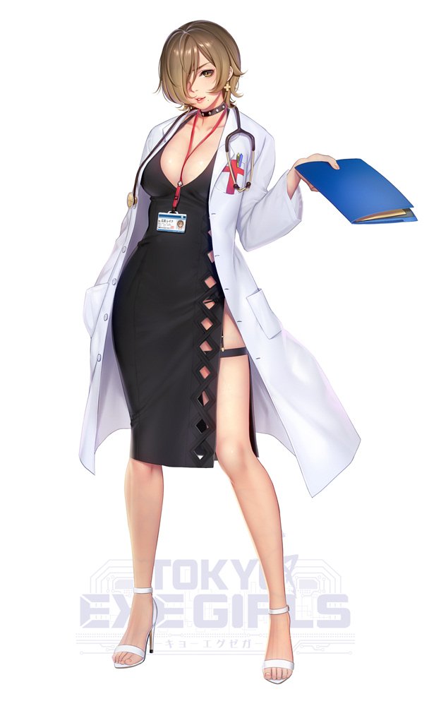 1girl, bangs, between_breasts, black_dress, breasts, brown_eyes, brown_hair, buttons
