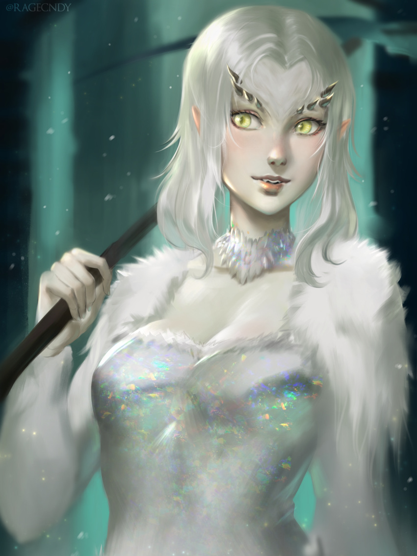 1girl, absurdres, dark, dark_souls, dragon, dragon_girl, fur, green_eyes, highres, horns, long_hair, looking_at_viewer, monster_girl, priscilla_the_crossbreed, ragecndy, scythe, simple_background, smile, solo, souls, souls_(from_software), tail, white_hair