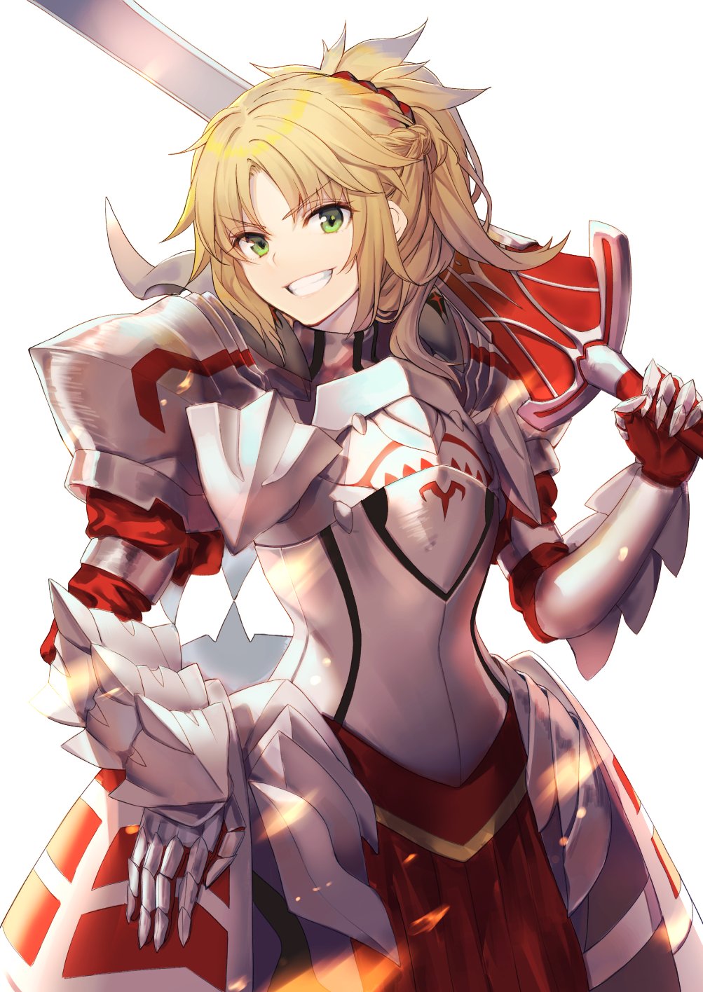 1girl, armor, blonde_hair, braid, breastplate, clarent, commentary_request, fate/grand_order