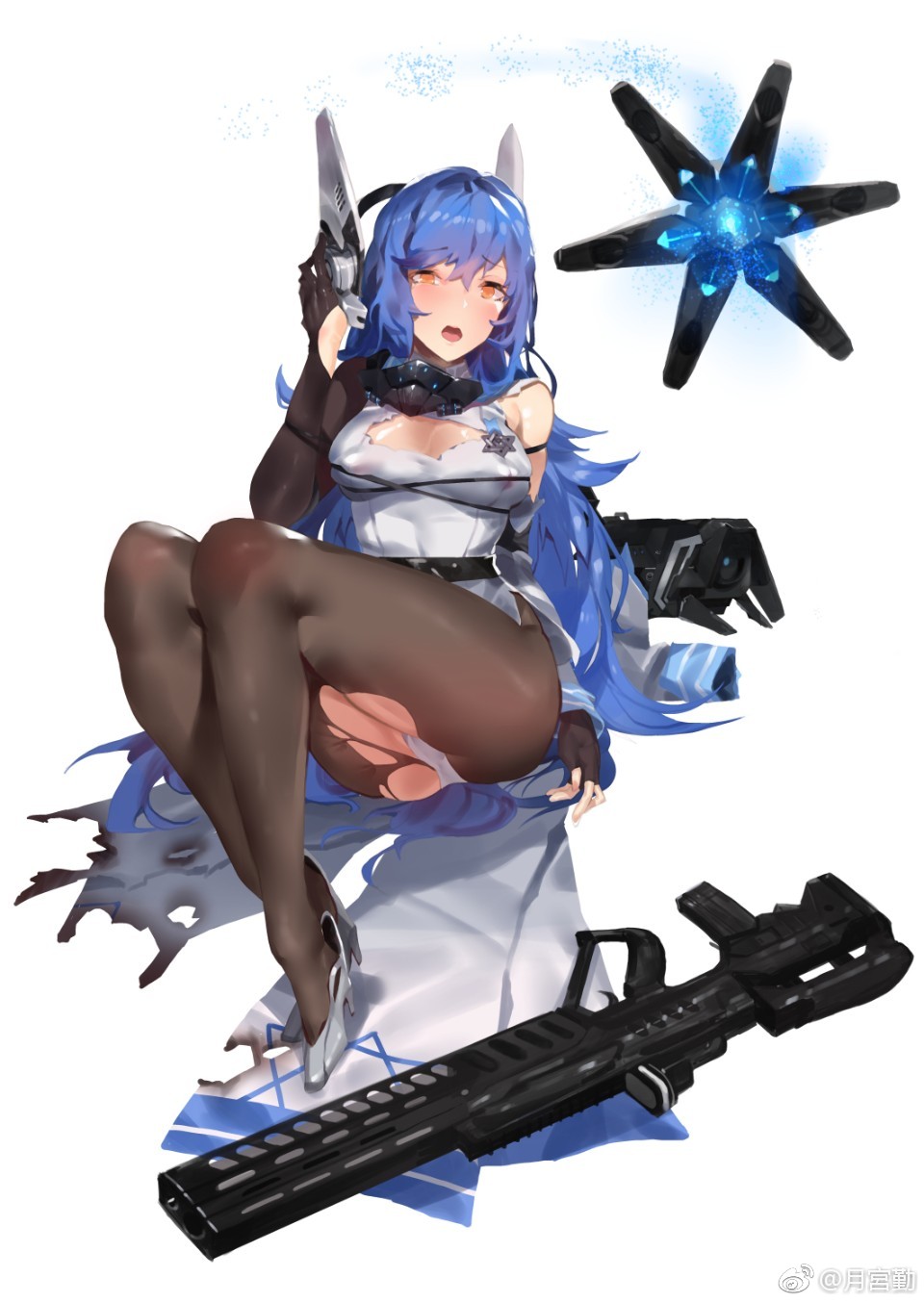 1girl, assault_rifle, bangs, bare_shoulders, black_legwear, blue_hair, blush, bound