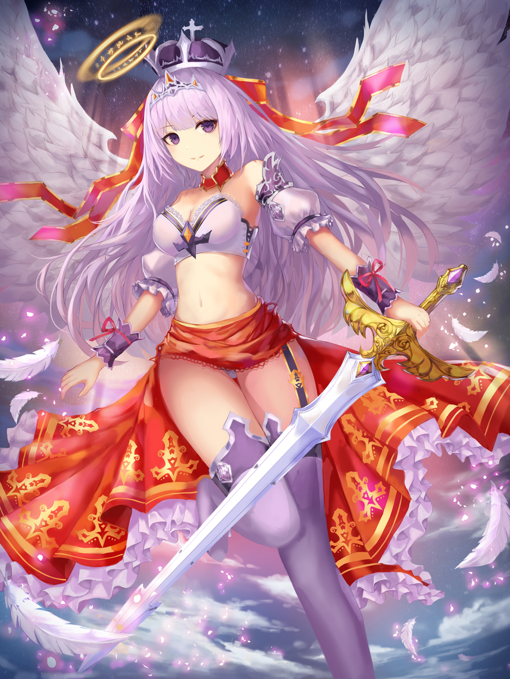 1girl, angel, angel_wings, bangs, bare_shoulders, breasts, cleavage, crown, detached_sleeves, dew_(7302235), foot_out_of_frame, garter_straps, gold_trim, hair_ribbon, halo, highres, holding, holding_sword, holding_weapon, long_hair, looking_at_viewer, medium_breasts, navel, original, puffy_sleeves, purple_hair, purple_legwear, purple_wristband, red_ribbon, red_skirt, ribbon, skirt, smile, solo, standing, sword, thigh-highs, tiara, very_long_hair, violet_eyes, weapon, white_feathers, wings