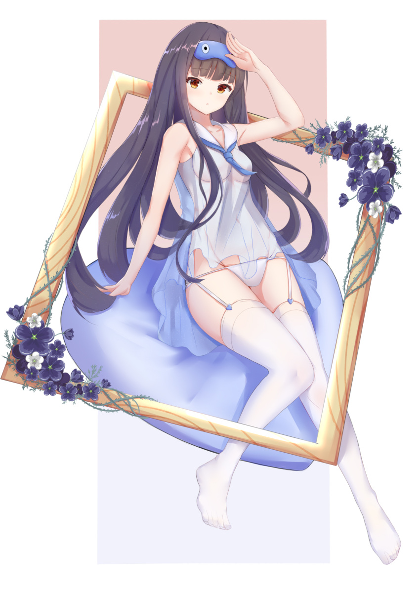 1girl, arm_up, bangs, blue_flower, blue_neckwear, breasts, brown_background, brown_eyes, brown_hair, cleavage, commentary_request, dress, eyebrows_visible_through_hair, filings_(ailuo_c), flower, garter_straps, gradient, gradient_background, grey_background, groin, head_tilt, highres, long_hair, looking_at_viewer, mask, mask_on_head, medium_breasts, necktie, no_shoes, original, panties, picture_frame, salute, see-through, short_necktie, soles, solo, thigh-highs, thorns, toes, two-tone_background, underwear, very_long_hair, white_background, white_dress, white_flower, white_legwear, white_panties
