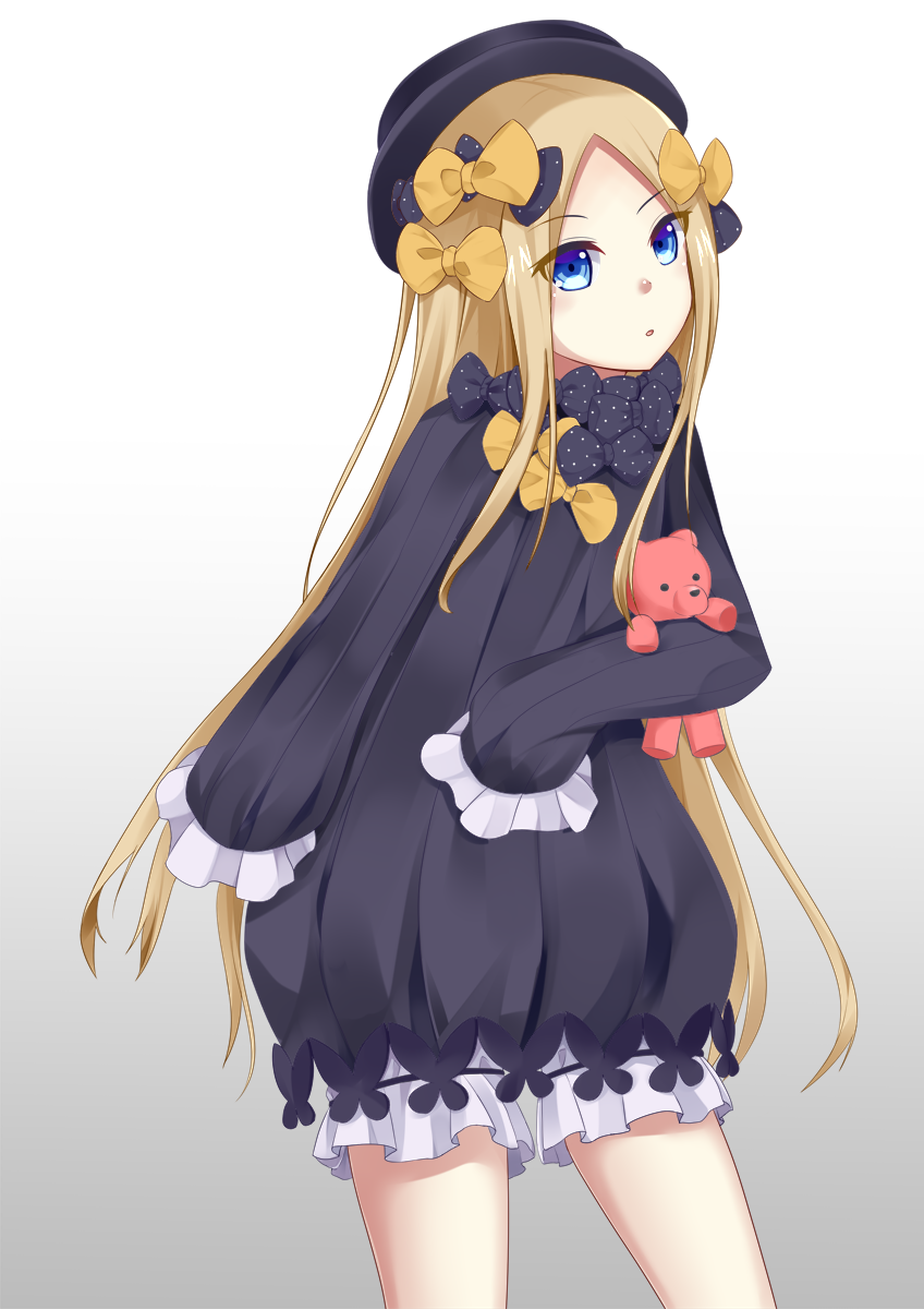 1girl, :o, abigail_williams_(fate/grand_order), bangs, black_bow, black_dress, black_hat, blonde_hair, bloomers, blue_eyes, bow, bug, butterfly, commentary_request, dress, eyebrows_visible_through_hair, fate/grand_order, fate_(series), forehead, gradient, gradient_background, grey_background, hair_bow, hat, highres, insect, long_hair, long_sleeves, looking_at_viewer, object_hug, orange_bow, parted_bangs, parted_lips, polka_dot, polka_dot_bow, sleeves_past_fingers, sleeves_past_wrists, solo, stuffed_animal, stuffed_toy, syumya_(syakuku15mon), teddy_bear, underwear, very_long_hair, white_background, white_bloomers