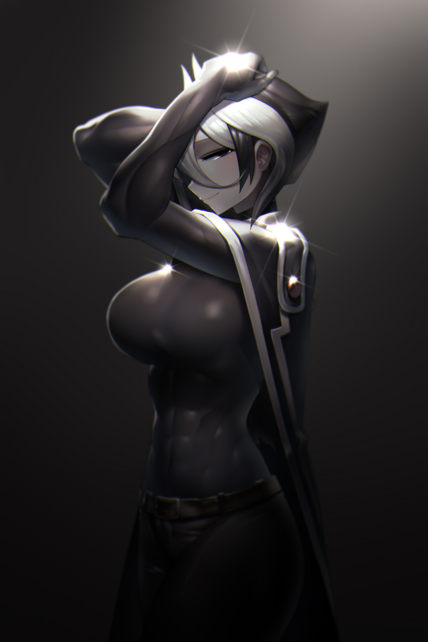 1girl, abs, arms_up, belt, belt_buckle, black_background, black_cape, black_eyes, black_gloves, black_hair, black_pants, breasts, buckle, cape, closed_mouth, covered_navel, cowboy_shot, elbow_gloves, glint, gloves, gradient, gradient_background, half-closed_eyes, hands_on_own_head, harau, highres, large_breasts, made_in_abyss, multicolored_hair, ozen, pants, shirt, short_hair, skin_tight, smile, solo, taut_clothes, taut_shirt, two-tone_hair, white_hair
