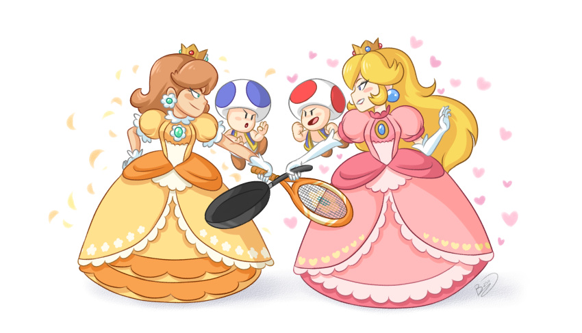 2boys, 2girls, :o, blue_eyes, blush_stickers, brown_footwear, brown_hair, clenched_hand