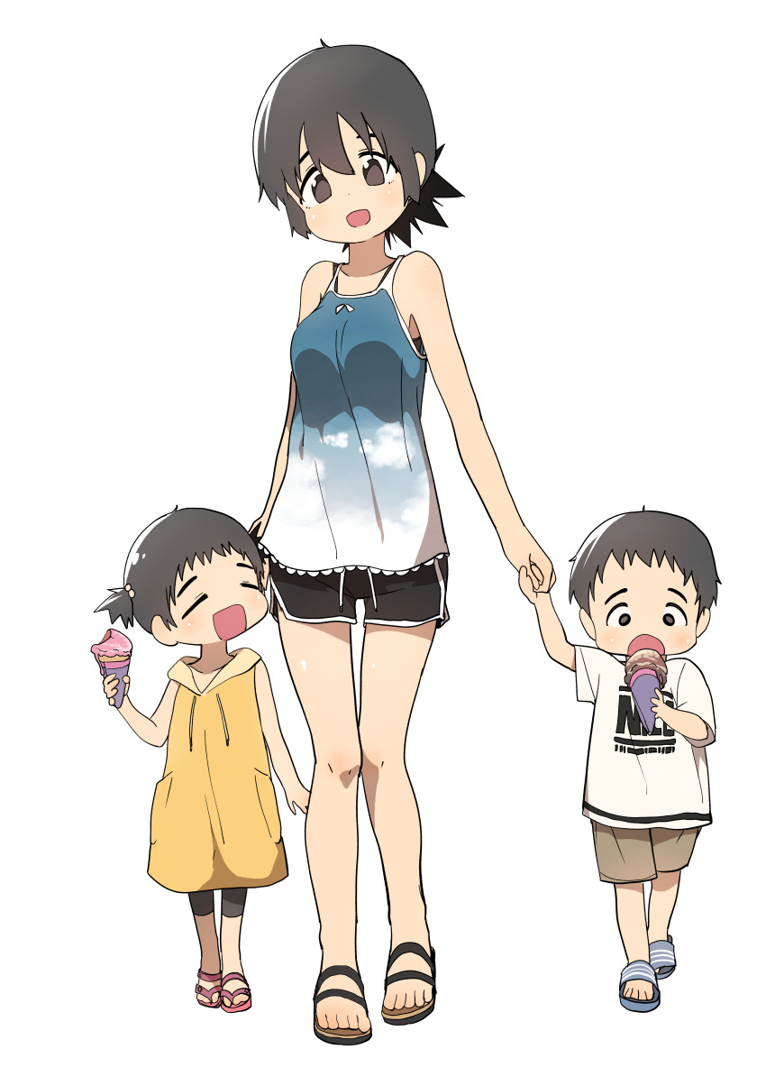 1boy, 2girls, absurdres, blush, brother_and_sister, bural_chingu, food, hand_holding