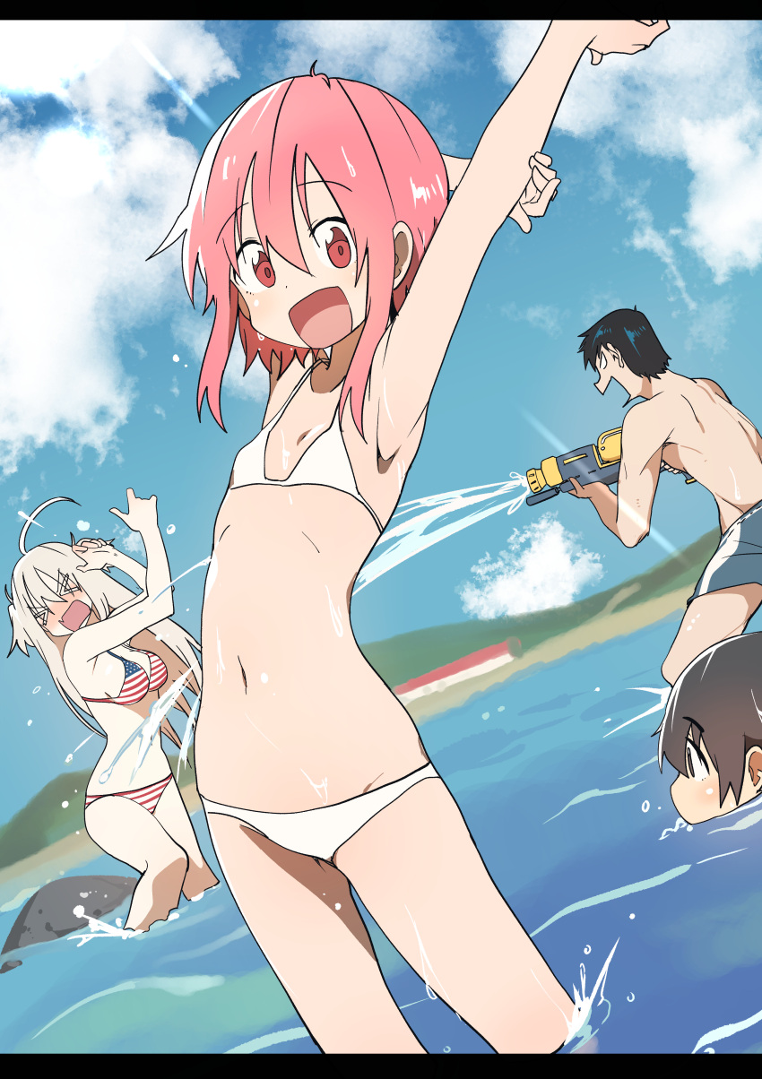 >_<, 1boy, 3girls, absurdres, ahoge, american_flag_bikini, bikini, blonde_hair